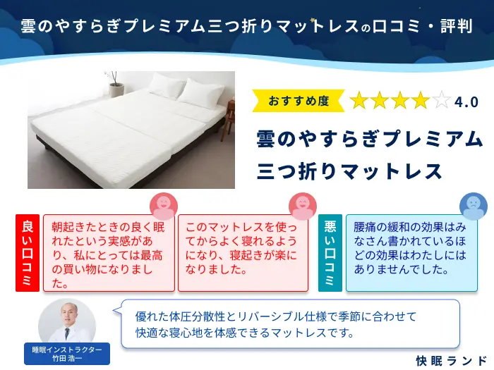 雲のやすらぎプレミアム三つ折りマットレスの口コミ評判｜デメリットや 
