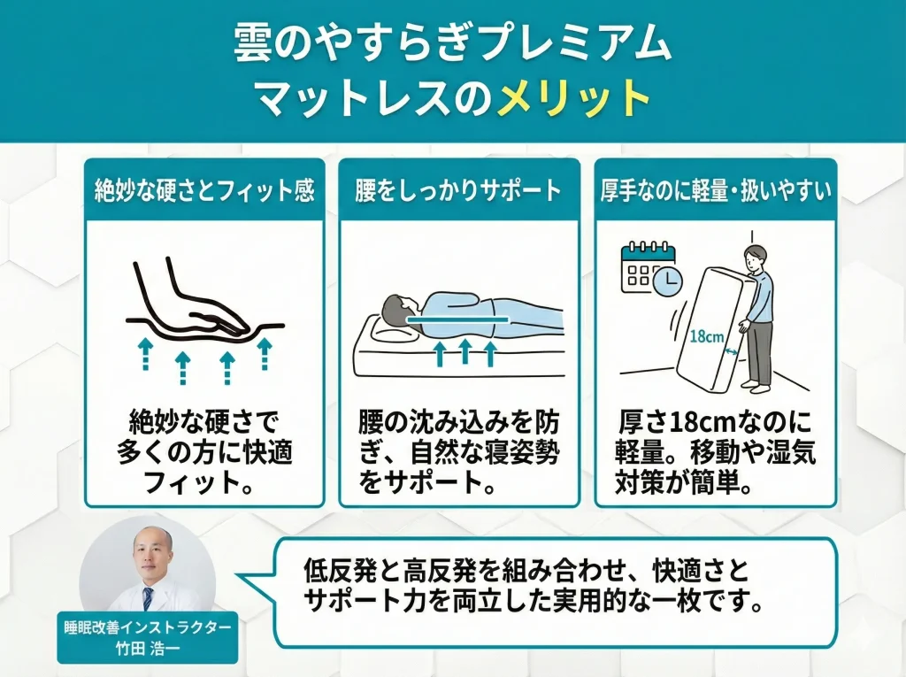 【kumonoyasuragi2】雲のやすらぎプレミアム マットレスのメリット