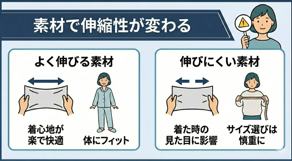 【bakune-size-select】使用している素材によって伸縮性が変わる
