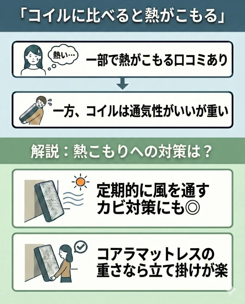 コイルマットレスより熱がこもる感覚がある