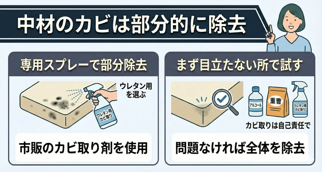 中材のウレタンにカビが発生した場合は部分的に黒ずみ除去をおこなう