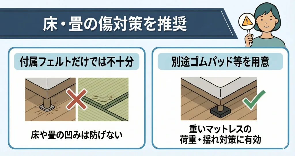 【koala-nitori-frame】フローリングや畳を傷つけないためには別でゴムパッド等を用意する必要がある