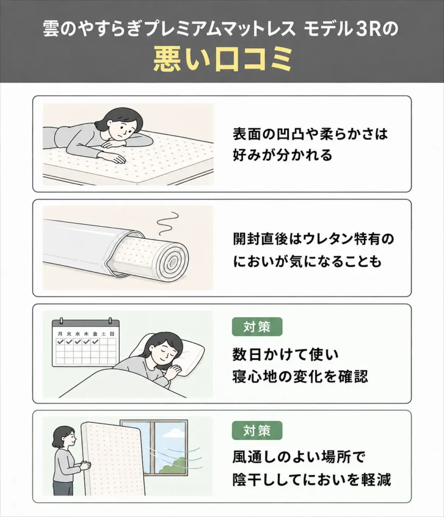 雲のやすらぎプレミアムマットレス モデル3Rの悪い口コミ