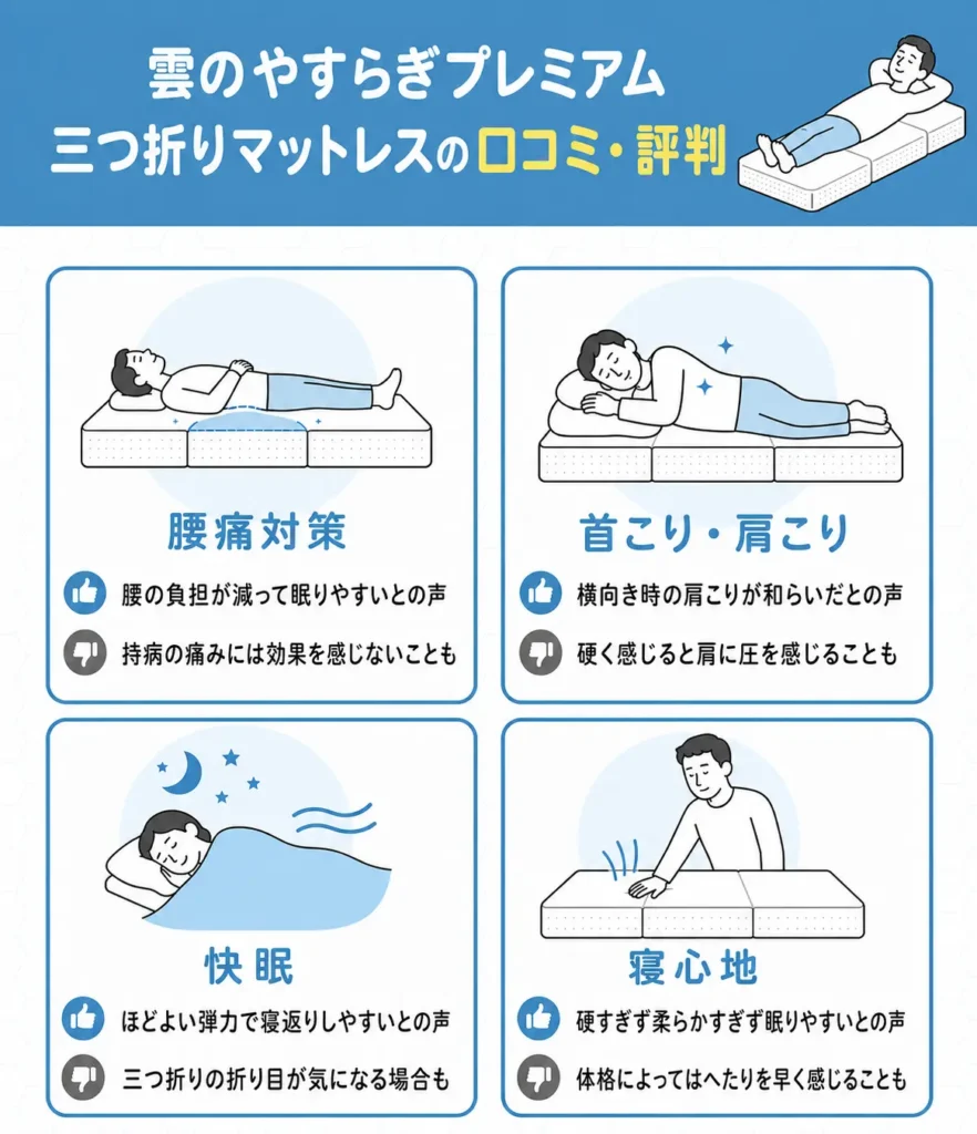 雲のやすらぎプレミアム三つ折りマットレスの口コミ評判！デメリット