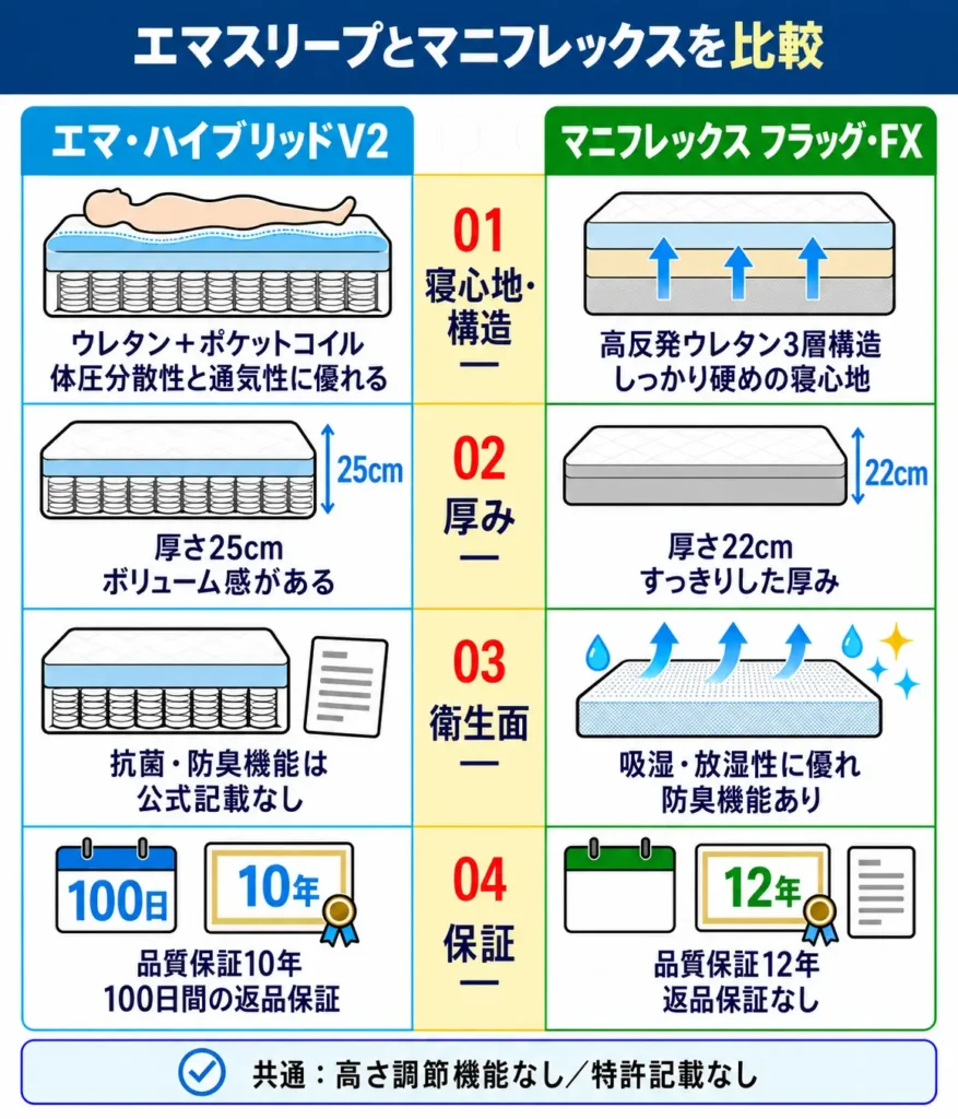 リムネマットレスとエマスリープの違いを比較表で解説