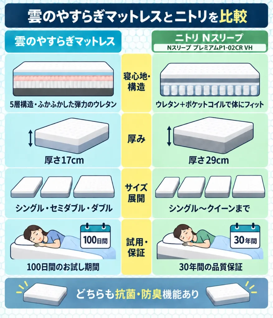 雲のやすらぎマットレスとニトリの違いを比較表で解説