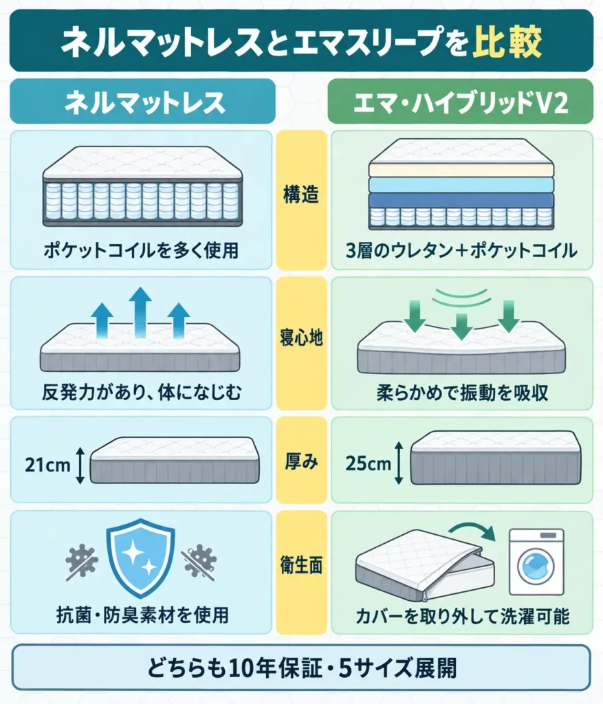 ネルマットレスとエマスリープの違いを比較表で解説