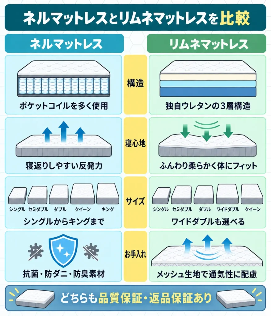 ネルマットレスとリムネマットレスの違いを比較表で解説