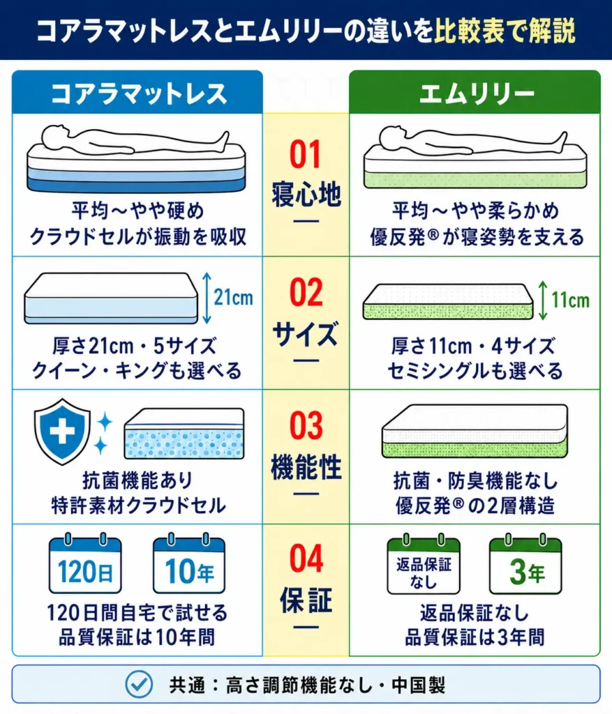 コアラマットレスとエムリリーの違いを比較表で解説
