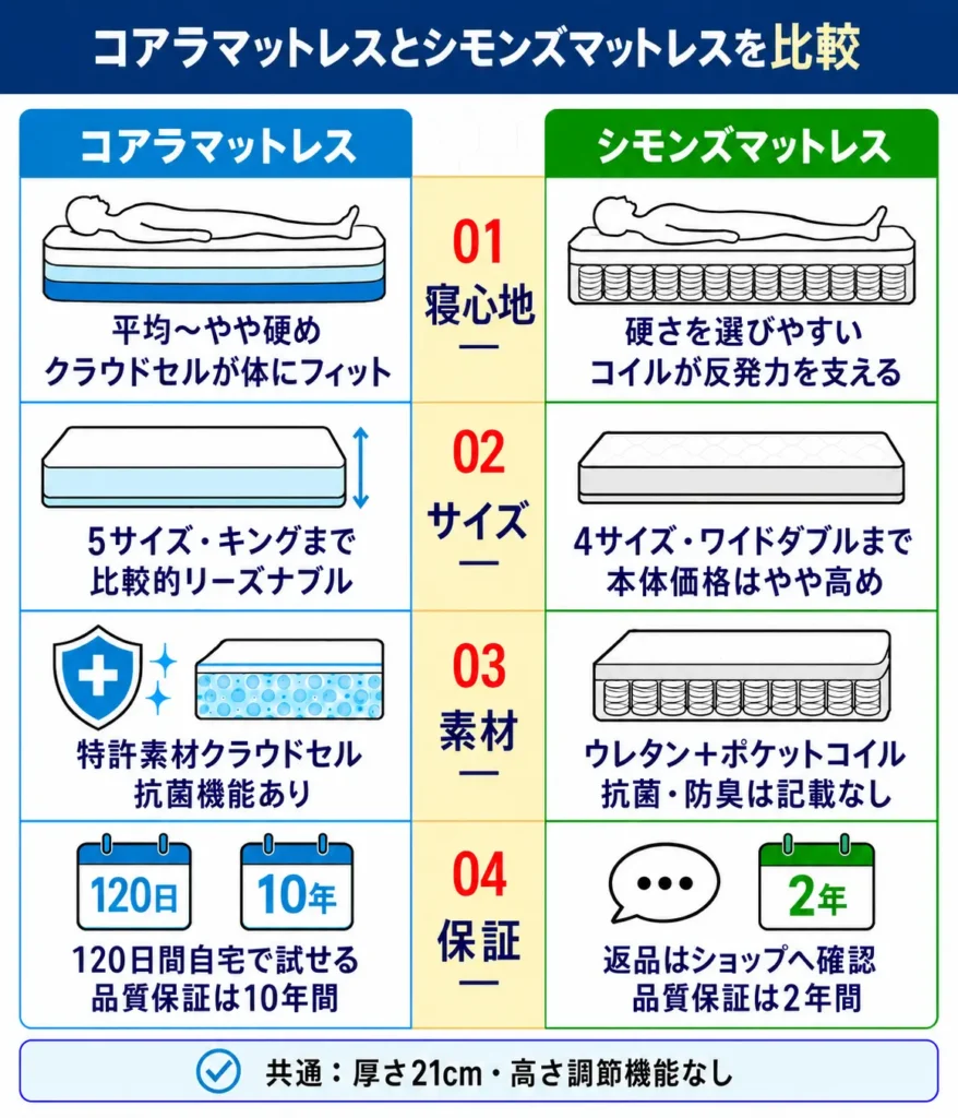 コアラマットレスとシモンズマットレスの違いを比較表で解説