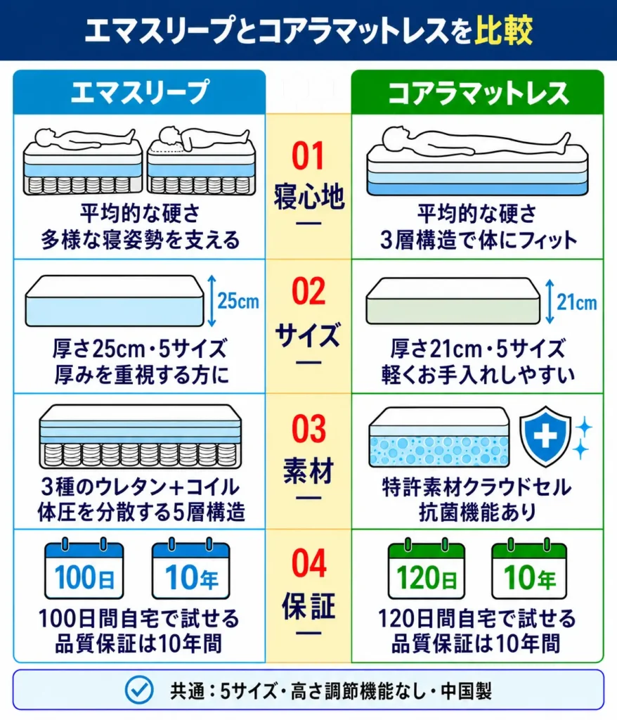 エマスリープとコアラマットレスの違いを比較表で解説