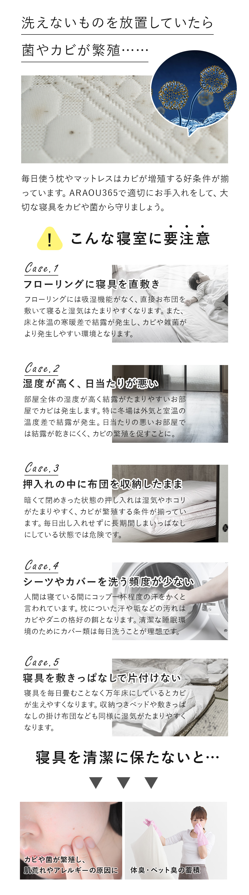 フローリングに寝具を直敷き、湿度が高く、日当たりが悪い寝室、押入れの中に布団を収納したまま、シーツやカバーを洗う頻度が少ない、これらに当てはまるものはありますか？そんな睡眠環境には要注意。寝具を清潔に保たないと、カビや菌が繁殖し肌荒れやアレルギーの原因に。体臭・ペット臭の蓄積にも繋がります。