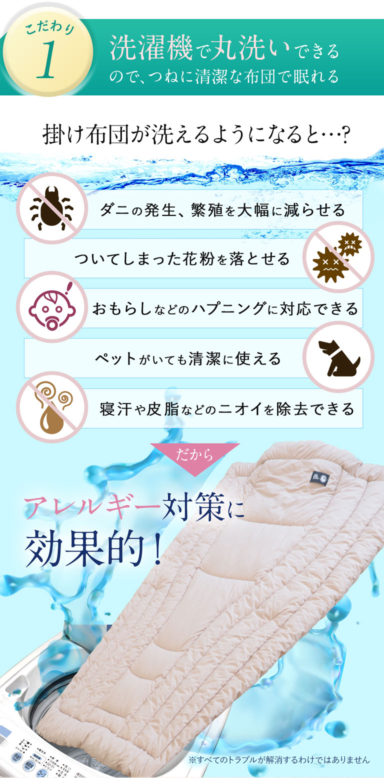 今使っている掛け布団に満足していますか？体に密着せず寒い、丸洗いできない、綿ホコリなどによるアレルギーがひどい、羽毛布団は気軽に洗えない。3Dフィットコクーンは洗濯機で丸洗いできる