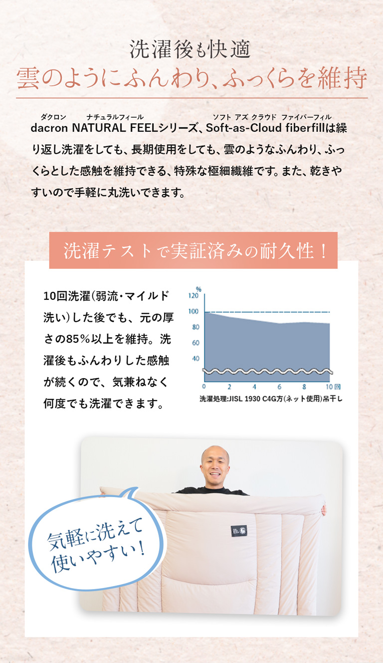 肌にやさしい化学繊維「ダクロン」を使用